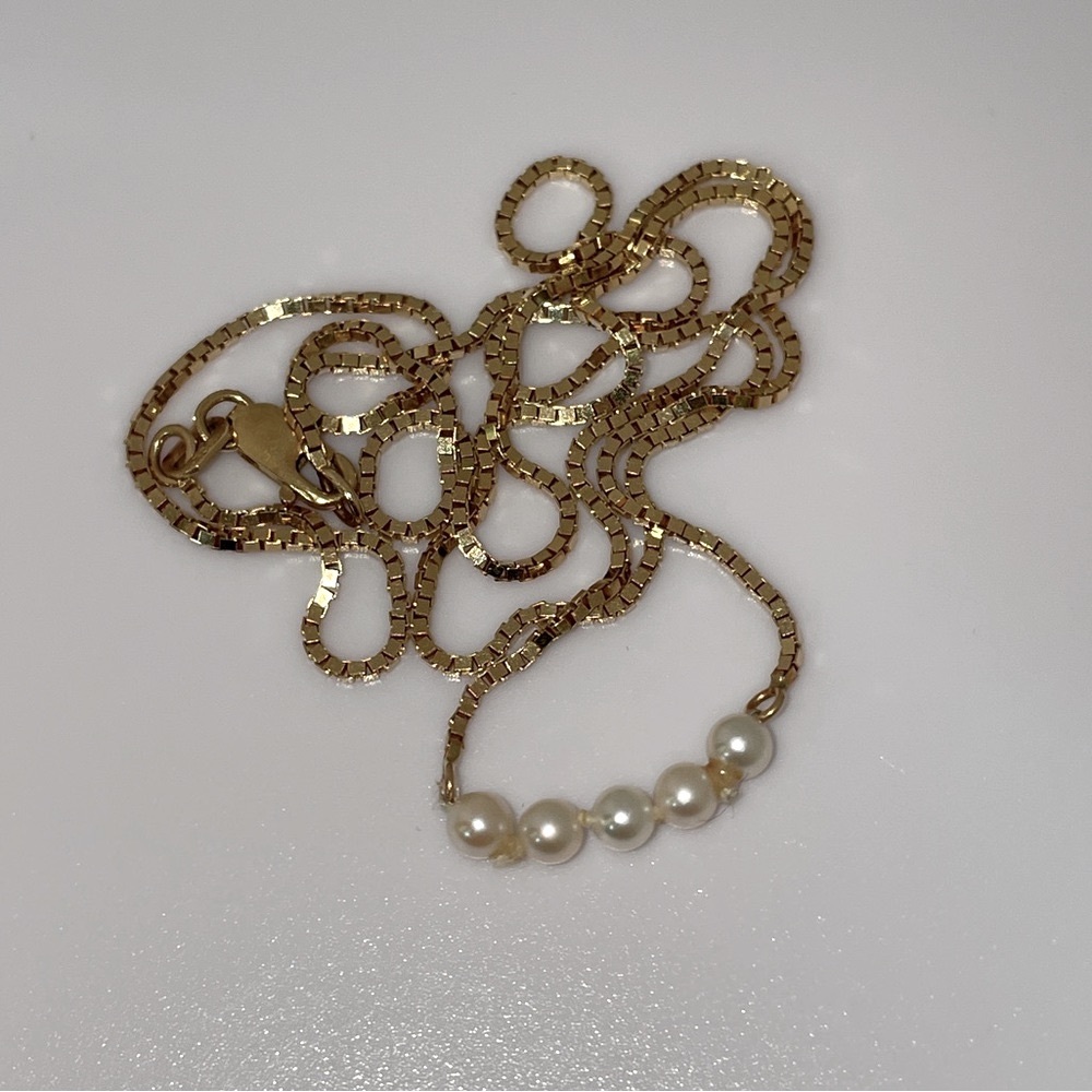 Solid 14K Italy Vintage Modern 5 Pearls Necklace Box Link Chain Lobster Clasp